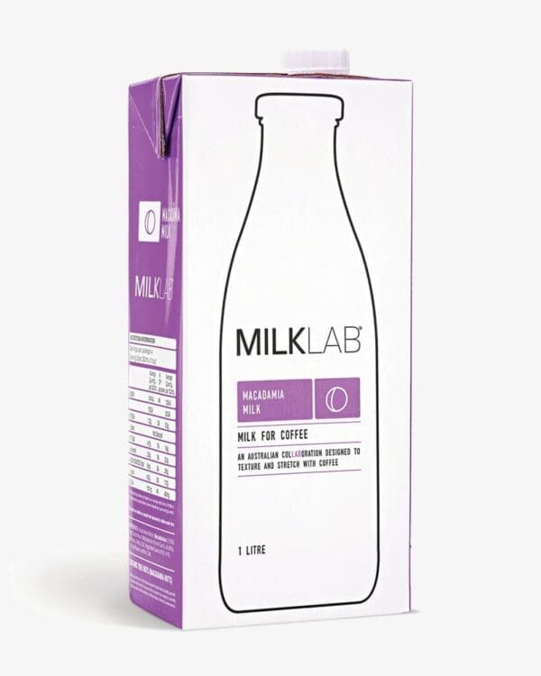 One-liter Milklab macadamia milk carton, purple/white, designed for coffee texture/stretch.