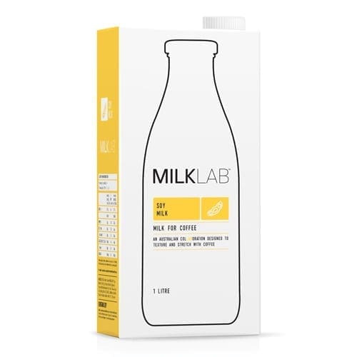 1-liter MILKLAB soy milk carton, white with yellow, for coffee, nutritional info visible.
