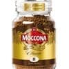 Glass jar of Moccona Classic instant coffee, dark roast, strength 8, 100g, gold and brown label.