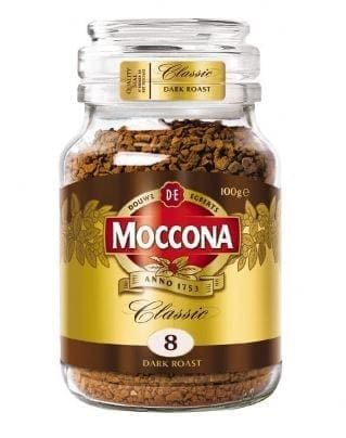 Glass jar of Moccona Classic instant coffee, dark roast, strength 8, 100g, gold and brown label.