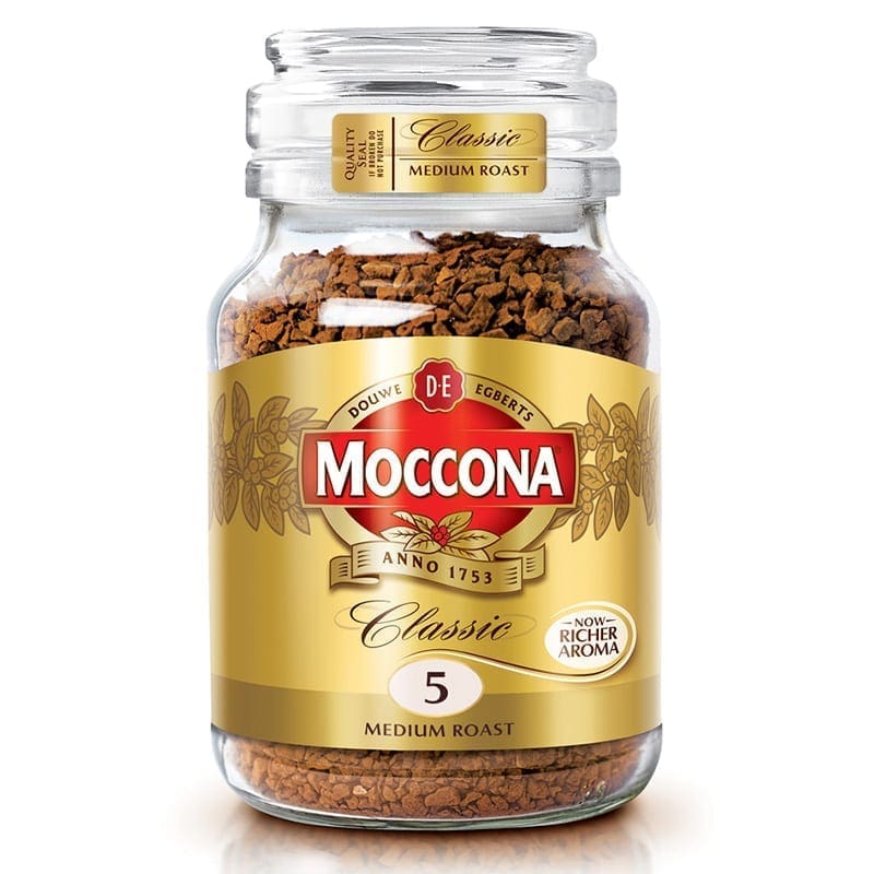 Moccona Classic instant coffee jar with gold label, medium roast intensity level 5.