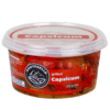 Plastic container labeled "Montebello Gourmet" holds 350g grilled capsicum, red label visible.