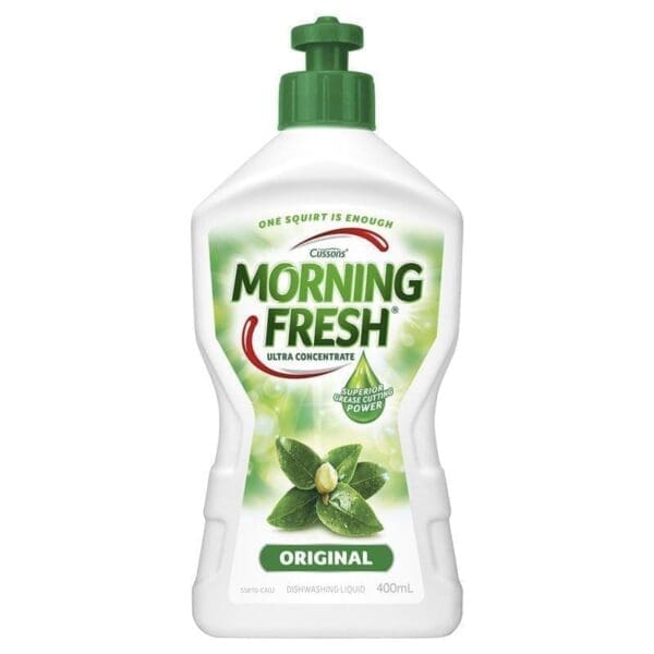 Cussons Morning Fresh dishwashing liquid, 400ml, white bottle, green cap, superior grease power.