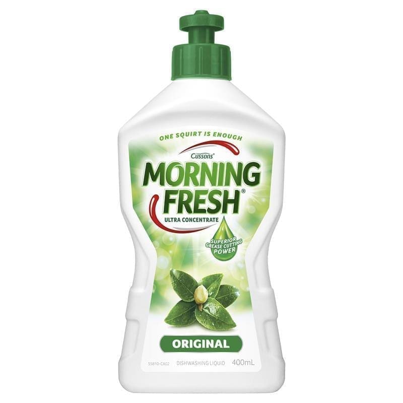 Cussons Morning Fresh dishwashing liquid, 400ml, white bottle, green cap, superior grease power.