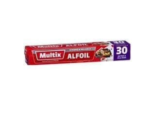 Box of Multix Alfoil, red packaging, 30 metres, extra strength, with food illustration.