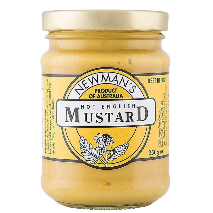 Jar of Newman's Hot English Mustard, Australian product, 250g, yellow, with gold lid.