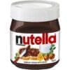 Jar of Nutella hazelnut spread with cocoa, 400g, white lid, label with bread and knife.