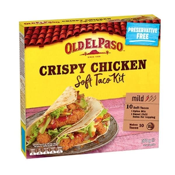Old El Paso Crispy Chicken Soft Taco Kit, preservative-free, mild, 10 tacos, 370g package.