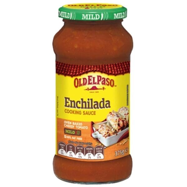 Jar of Old El Paso Enchilada Cooking Sauce, mild cheesy tomato, 375g, 98% fat-free.