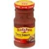 Jar of Old El Paso Hot Taco Sauce, 200g, red-yellow label, 98% fat-free, taco image.