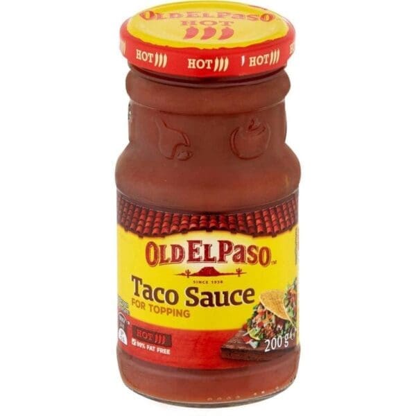 Jar of Old El Paso Hot Taco Sauce, 200g, red-yellow label, 98% fat-free, taco image.