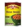 Old El Paso Mexe Beans can, mild, 98% fat-free, 425g, with beans in a green bowl.