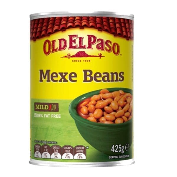 Old El Paso Mexe Beans can, mild, 98% fat-free, 425g, with beans in a green bowl.