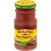 Old El Paso mild taco sauce, yellow label, green lid, 200g, 99% fat free, taco image.