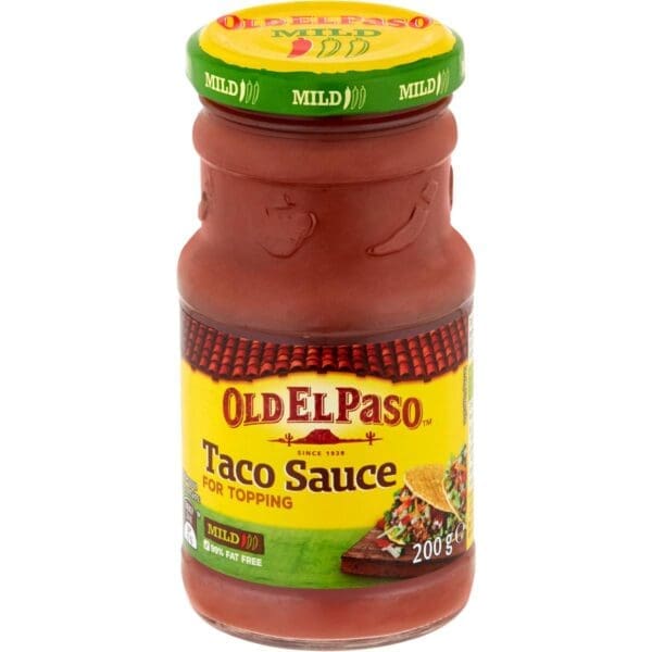 Old El Paso mild taco sauce, yellow label, green lid, 200g, 99% fat free, taco image.