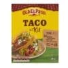 Old El Paso Taco Kit with 12 shells, spice mix, salsa; mild flavor, 290g, serves 12 tacos.