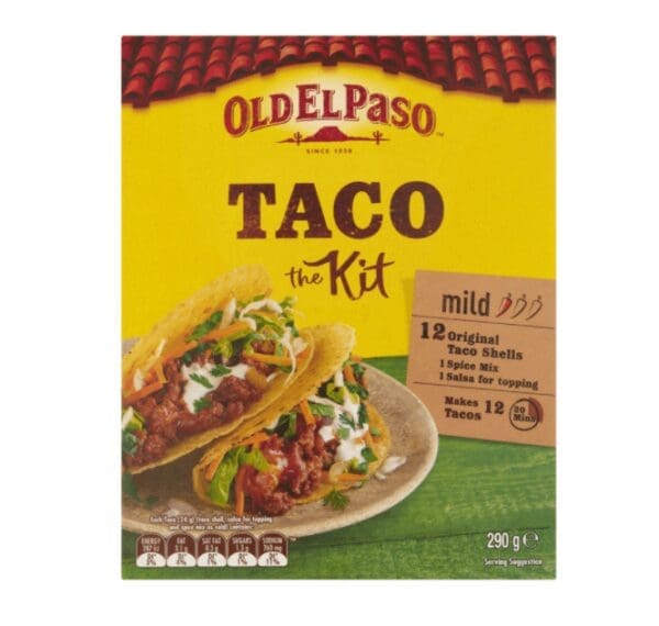 Old El Paso Taco Kit with 12 shells, spice mix, salsa; mild flavor, 290g, serves 12 tacos.