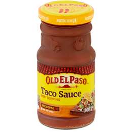 Jar of Old El Paso medium taco sauce, 200g, with yellow and red packaging, taco illustrations.