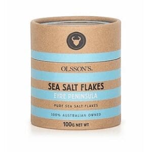 Cylindrical Olsson's sea salt flakes from Eyre Peninsula, 100g, brown with blue accents.