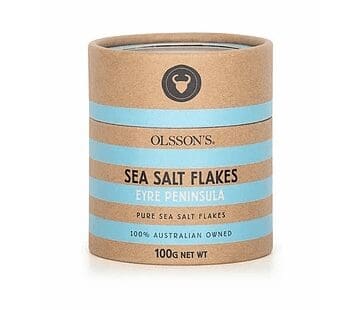 Cylindrical Olsson's sea salt flakes from Eyre Peninsula, 100g, brown with blue accents.