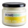 Jar of Orchard Ridge Garlic Aioli, 270g, black lid, yellow label with garlic bulb icon.