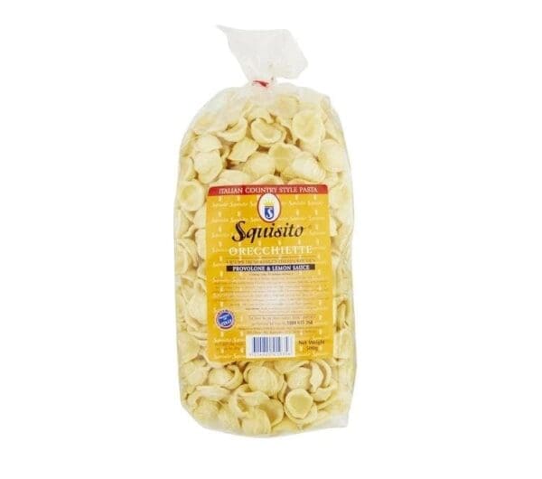 Orecchiette pasta in labeled plastic bag; 500g, brand "Squisito," with pairing suggestion.
