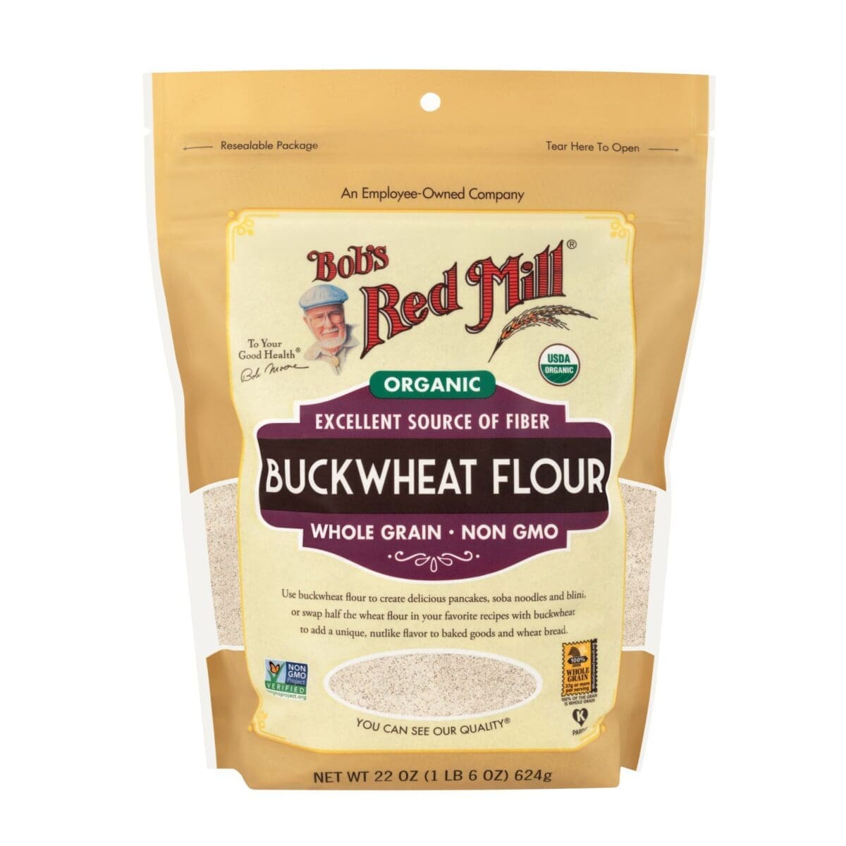 Organic buckwheat flour package, non-GMO, whole grain, 22 oz, resealable.