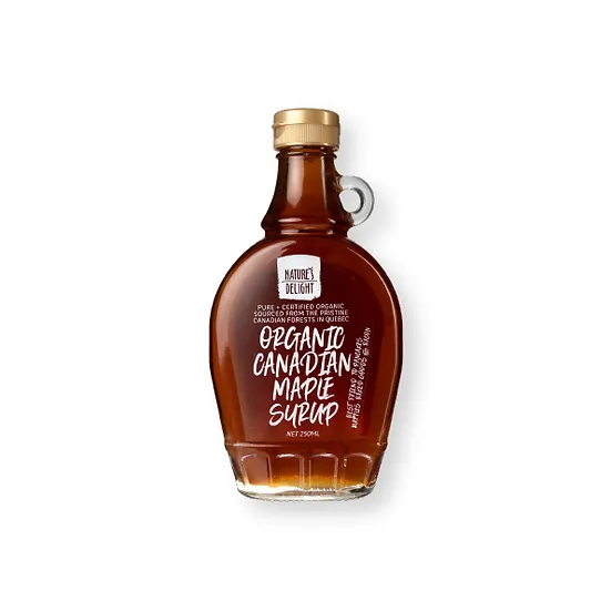 Organic Canadian maple syrup bottle with label, loop handle, twist cap, 250ml net weight.