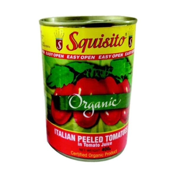 Organic Italian peeled tomatoes, 400g can, featuring bright red design, easy open lid.