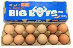 Carton of twelve organic jumbo eggs labeled "Big Boys" with a blue lid, arranged in a row.