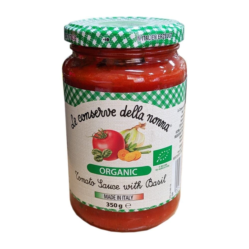 Jar of organic tomato sauce with basil, labeled "Le conserve della nonna," 350g, Italy.