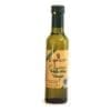 Green glass bottle of organic white wine vinegar with yellow label and dark cap.