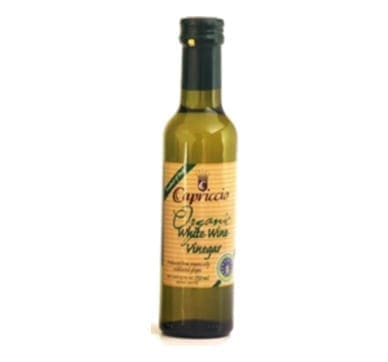 Green glass bottle of organic white wine vinegar with yellow label and dark cap.