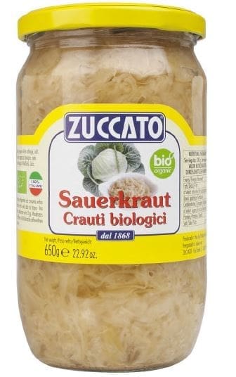 Jar of organic Zuccato sauerkraut, 650g, labeled "Crauti biologici," with yellow lid.