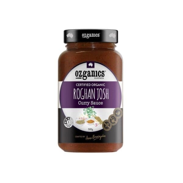 Jar of Ozganics Certified Organic Roghan Josh Curry Sauce, 500g, with spice images.