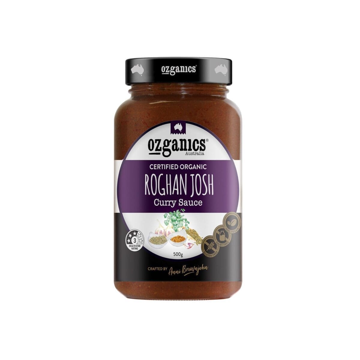 Jar of Ozganics Certified Organic Roghan Josh Curry Sauce, 500g, with spice images.