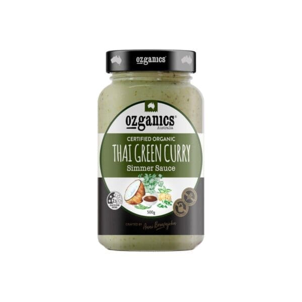Jar of Ozganics Thai Green Curry Simmer Sauce, 500g, organic, gluten-free.
