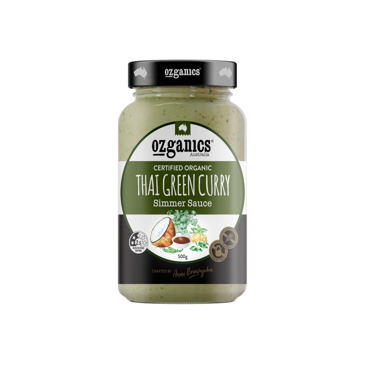 Jar of Ozganics Thai Green Curry Simmer Sauce, 500g, organic, gluten-free.