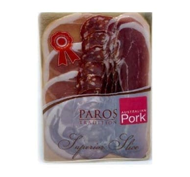 Package of "Paros Tradition Superior Slice" Australian pork with a red ribbon emblem.