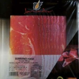 Packaged sliced Serrano ham by Jamondor, 100g, with German flag on packaging.