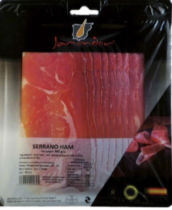 Packaged sliced Serrano ham by Jamondor, 100g, with German flag on packaging.