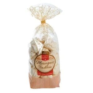 Packaged traditional meringues in a clear bag with a gold-patterned ribbon and product label.