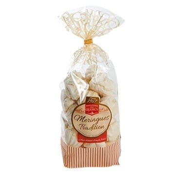 Packaged traditional meringues in a clear bag with a gold-patterned ribbon and product label.
