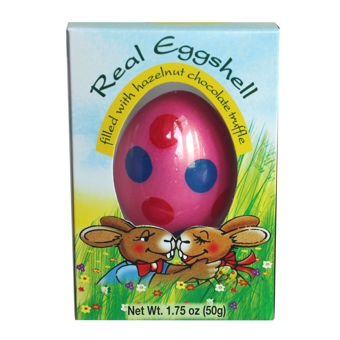 Real eggshell painted pink with dots, filled with truffle; bunny illustration on box, 50g.