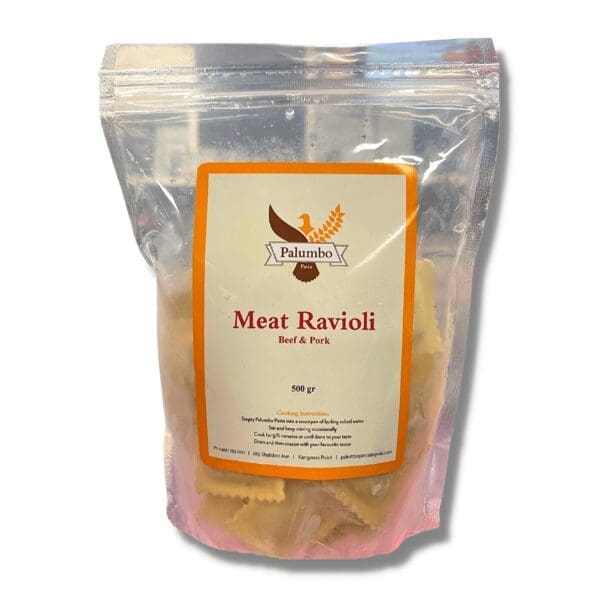 Clear bag of Palumbo beef and pork ravioli, 500g, cooking instructions included.