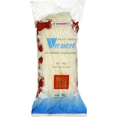 Pandaroo bean thread vermicelli package, 250g, clear with red/blue accents, made in China.