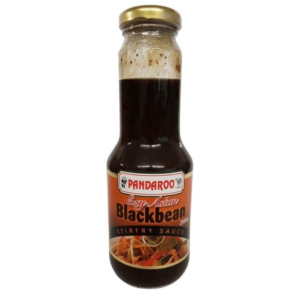 Pandaroo Blackbean Stir-fry Sauce, 250ml bottle with gold cap and vegetable image.