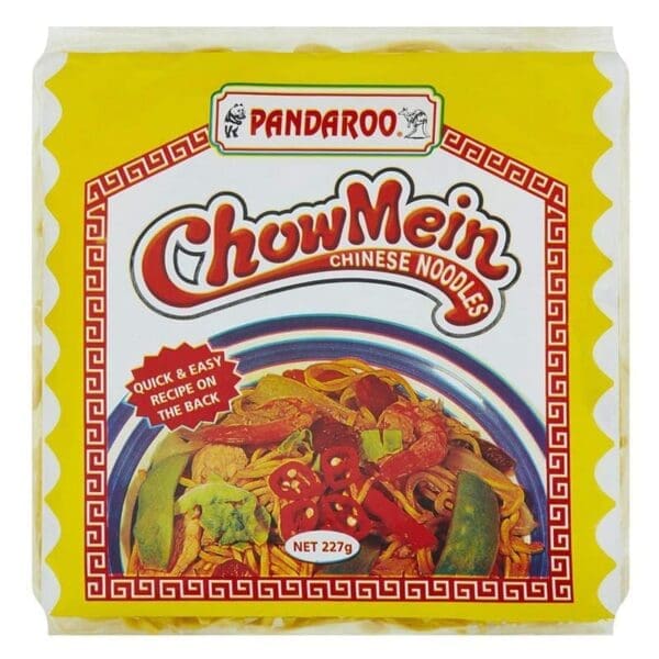Pandaroo Chow Mein Noodles package, yellow with red border, 227g, quick recipe on back.
