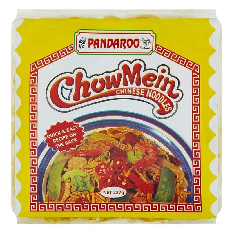 Pandaroo Chow Mein Noodles package, yellow with red border, 227g, quick recipe on back.