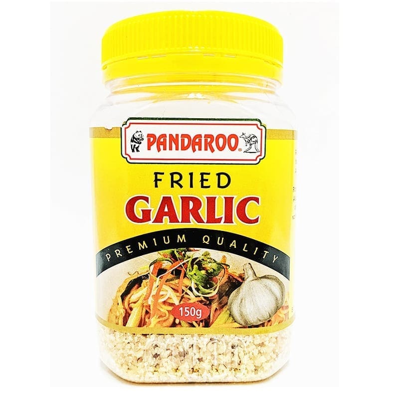 Plastic jar with yellow lid, containing Pandaroo fried garlic, 150g, premium quality label.